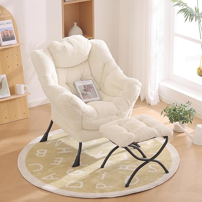 Lazy Chair with Ottoman, Modern Chair with Folding Footrest, Lounge Accent Chair, Comfortable Reading Chair for Bedroom, Study, Living Room, Courtyard (Plush Beige) - LeafyLoom