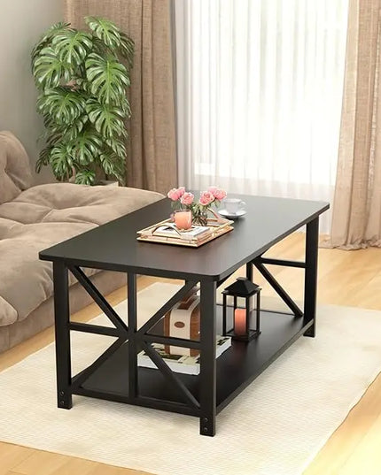 GreenForest Coffee Table with Round Corner, Farmhouse Center Table with 2-Tier Storage Shelf X-Frame Design for Living Room, 39 inch Black - LeafyLoom