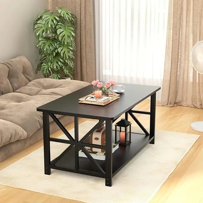 GreenForest Coffee Table with Round Corner, Farmhouse Center Table with 2-Tier Storage Shelf X-Frame Design for Living Room, 39 inch Black - LeafyLoom