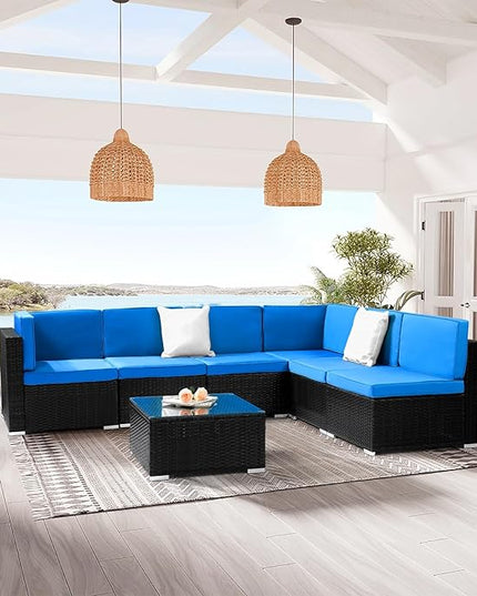 Outvita OutdoorRattan Conversation Set, 7 Pieces PE Rattan Sofa Wicker Patio Furniture Sets with Waterproof Soft Cushion for Backyard Porch Garden Poolside (Black & Blue) - LeafyLoom