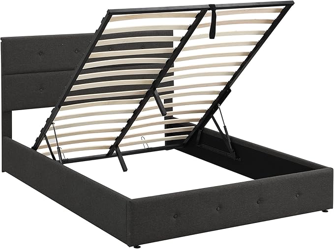 Queen Size Lift Up Storage Bed/Modern Upholstered Platform Bed Frame/Hydraulic Storage/No Box Spring Needed/Wood Slats Support - LeafyLoom