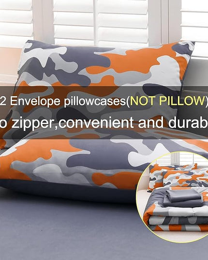 Meeting Story Camouflage Bedding Set, Colorful Pattern Style Comforter Set, 5 PCS One Comforter Two Pillowcases Two Sheets in One Bag, All Season Bedspread for Teens Adults (Orange, Queen 5Pcs) - LeafyLoom