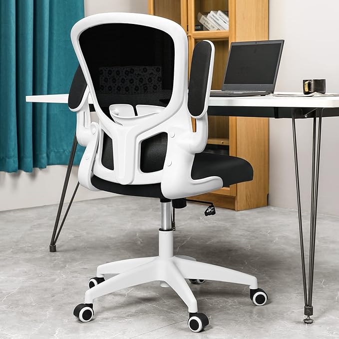 FelixKing Office Desk Chairs, Ergonomic PC Desk Chair with Wheels, Adjustable Lumbar Support and Height, Swivel Computer Chair with Flip-up Armrests, Ergo Mesh Backrest for Working (White) - LeafyLoom