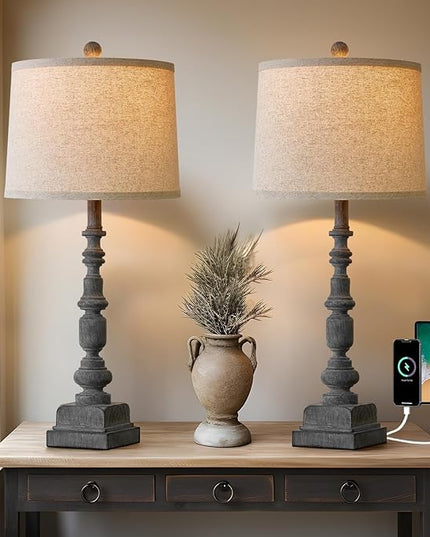 Oneach 27.75" Vintage Farmhouse USB A+C Table Lamps Set of 2 for Living Room Traditional Bedside Lamps for Bedroom Office Mid Century Table Lamp Antique Grey Accent Rustic Lamps for End Table - LeafyLoom