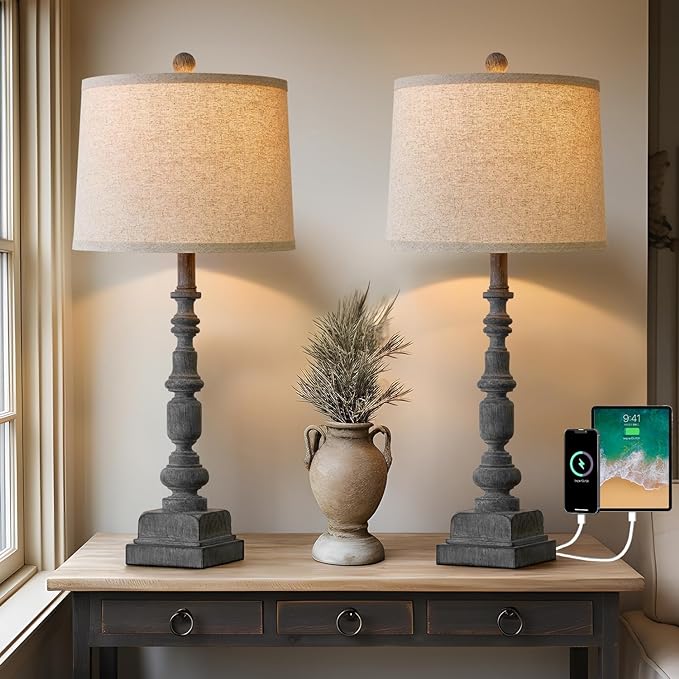 Oneach 27.75" Vintage Farmhouse USB A+C Table Lamps Set of 2 for Living Room Traditional Bedside Lamps for Bedroom Office Mid Century Table Lamp Antique Grey Accent Rustic Lamps for End Table - LeafyLoom