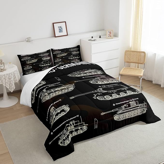 Tank Comforter Set Queen, War Theme Bedding Set, Soldier Dirt Bike Camouflage Army Acting Down Comforter For Kid Boy Teen Men,Camo Vintage Style Quilt Set, Military Vehicle Duvet Set Room Decor - LeafyLoom