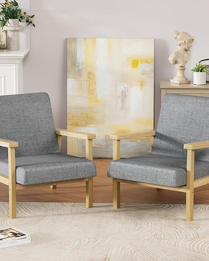 YESHOMY Mid-Century Modern Accent Chair with Solid Wood Frame and Thick Cushion for Living Room, Bedroom, Home Office, Set of 2, Gray - LeafyLoom