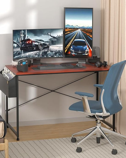 MoNiBloom Home Office Computer Desk with Storage Bag, 47" Writing Study Modern Simple Style Laptop Table, Teak Color - LeafyLoom