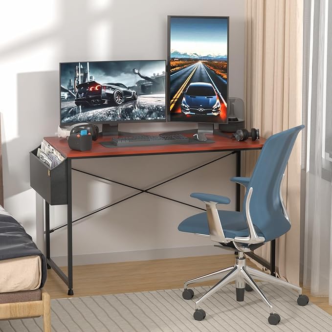 MoNiBloom Home Office Computer Desk with Storage Bag, 47" Writing Study Modern Simple Style Laptop Table, Teak Color - LeafyLoom