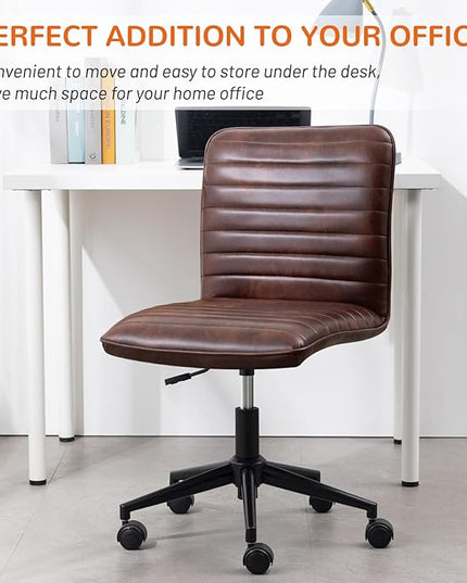Furniliving Leather Home Office Chair, Armless Vanity Desk Task Chair with Wheels 360° Swivel Computer Rolling Desk Chair with Back, Adjustable Accent Chair with Base Stool - LeafyLoom