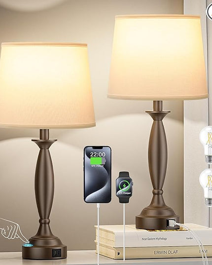 White Brown Lamps for Bedrooms Set of 2 - Touch Control Bedside Lamp with USB C+A, 3 Way Dimmable Nightstand Lamps with USB Port, Table Lamp for Living Room(White Shade and Brown Base) - LeafyLoom