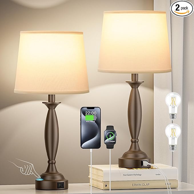 White Brown Lamps for Bedrooms Set of 2 - Touch Control Bedside Lamp with USB C+A, 3 Way Dimmable Nightstand Lamps with USB Port, Table Lamp for Living Room(White Shade and Brown Base) - LeafyLoom
