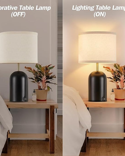 Touch Control Table Lamps Set of 2, Modern Bedside Lamp with 2 USB Ports, 3-Way Dimmable Gold and Black Nightstand Lamp with Fabric Shade for Living Room Bedroom Office Dorm(LED Bulbs Included) - LeafyLoom