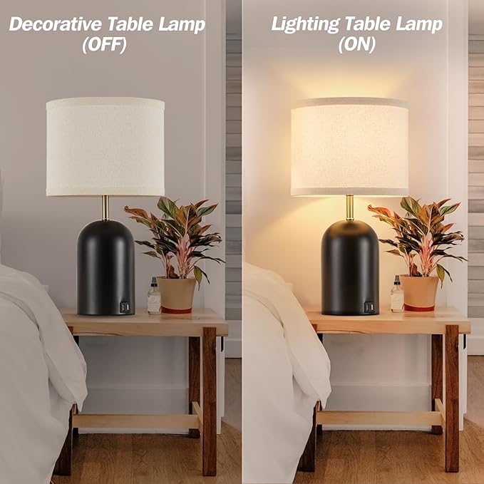 Touch Control Table Lamps Set of 2, Modern Bedside Lamp with 2 USB Ports, 3-Way Dimmable Gold and Black Nightstand Lamp with Fabric Shade for Living Room Bedroom Office Dorm(LED Bulbs Included) - LeafyLoom