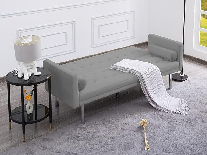 Mid-Century Living Room Furniture Sets Modern Tufted Loveseat Sofa with Adjusting Backrest & 2 Pillows Metal Legs Comfy Couch Folding Daybed for Small Spaces Office,Grey Sofá, Gray-1 - LeafyLoom