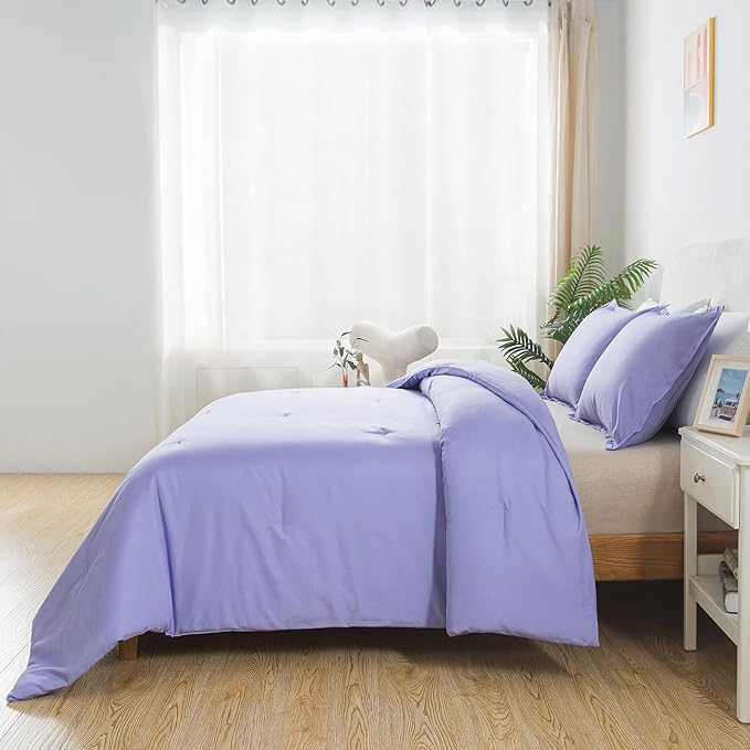 Queen Lavender Purple Comforter Set, Solid Luxury Skin-friendly Boho Bedding Set & Collections, Breathable Fluffy Microfiber 3 PCS (90"x90") Comforter Set for All Seasons with Pillowcases - LeafyLoom