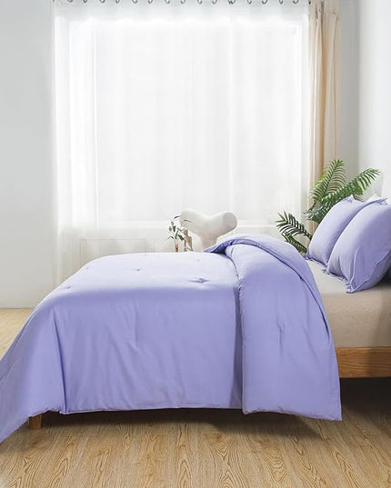 Full Size Lavender Purple Comforter Set, Solid Down Alternative Soft Boho Bedding Comforter Set, Breathable Fluffy Skin-Friendly Comforter for All Seasons with Pillowcases - LeafyLoom