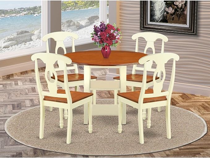 East West Furniture SUKE5-BMK-W Sudbury 5 Piece Kitchen Set for 4 Includes a Round Room Table with Dropleaf & Shelves and 4 Dining Chairs, 42x42 Inch - LeafyLoom