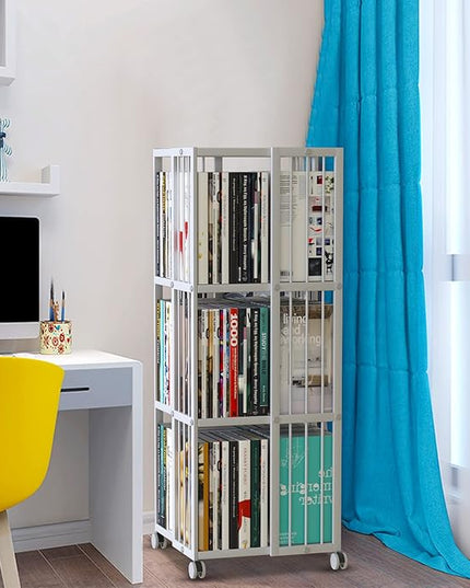 Rotating Bookcase White 3 Tiers Metal Large Capacity Bookshelf, 360°Cubic for Small Space with Storage and Creative Multi-Layer Shelves,Magazine Books for Bedroom Living Room Study Office - LeafyLoom