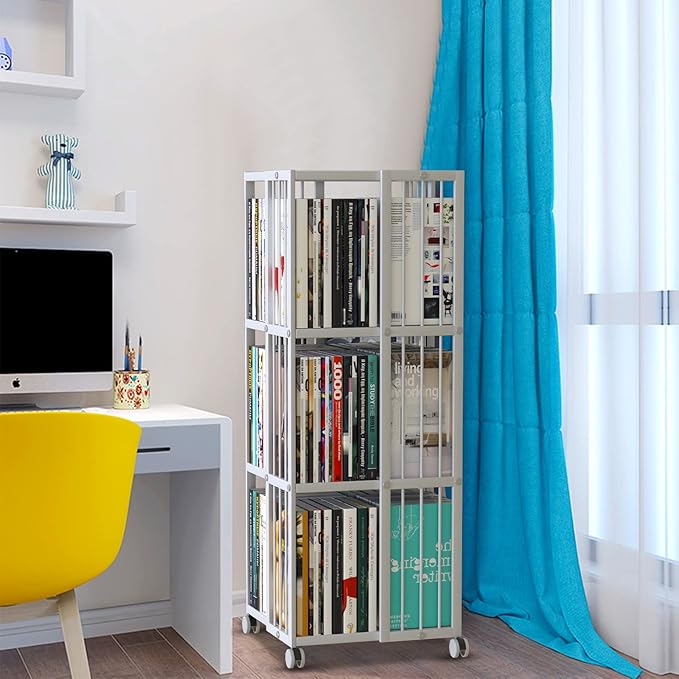 Rotating Bookcase White 3 Tiers Metal Large Capacity Bookshelf, 360°Cubic for Small Space with Storage and Creative Multi-Layer Shelves,Magazine Books for Bedroom Living Room Study Office - LeafyLoom