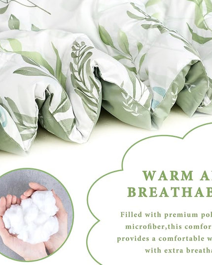 DILIMI Full Size Comforter Set for Girls, 5 Pieces Reversible Comforter Full Size, Ultra Soft Green Leaf Full Size Bed Comforter Sets with Sheet, Comforter, Flat Sheet, 2 Pillowcase - LeafyLoom