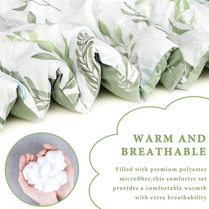 DILIMI Full Size Comforter Set for Girls, 5 Pieces Reversible Comforter Full Size, Ultra Soft Green Leaf Full Size Bed Comforter Sets with Sheet, Comforter, Flat Sheet, 2 Pillowcase - LeafyLoom