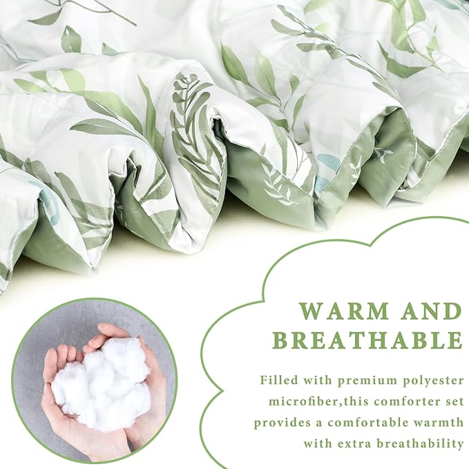 DILIMI Queen Comforter set, 3 Pieces Queen Size Comforter Sets, Reversible Green Comforter Queen, Ultra Soft and Fluffy Bedding Comforter Sets with Comforter, 2 Pillowcase - LeafyLoom