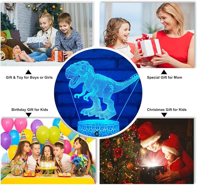 easuntec Dinosaur Toys 3D Night Light with Remote & Smart Touch 7 Colors + 16 Colors Changing Dimmable TRex Toys 1 2 3 4 5 6 7 8 Year Old Boy or Girl Gifts (TRex 16WT) - LeafyLoom