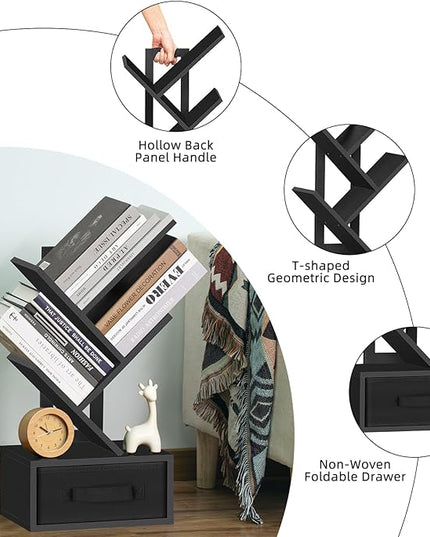Small Book Shelf with Drawer,4 Tier Black Tree Bookshelf,Wooden Desktop Bookcase,Modern Desk Display Storage Bookshelves,Floor Standing Organizer Bookcases for Living Room,Bedroom,Office - LeafyLoom