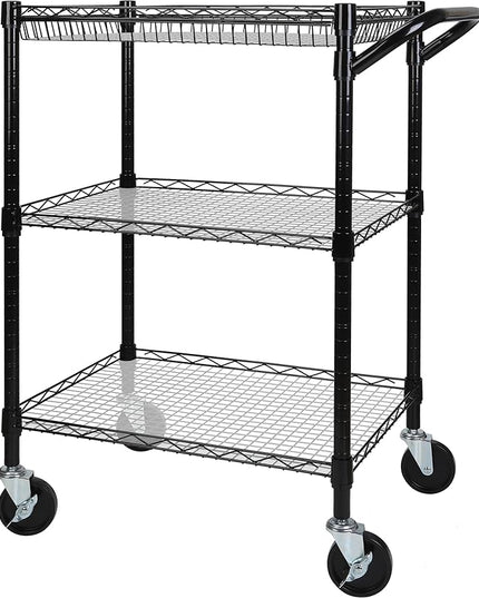 3 Tier Heavy Duty Rolling Utility Cart,18"D x 23.8"W x 36.6"H Rolling Carts with Wheels,Commercial Grade Metal Cart with Handle Bar & Shelf Liner,Trolley Serving Storage Cart for Kitchen Black - LeafyLoom