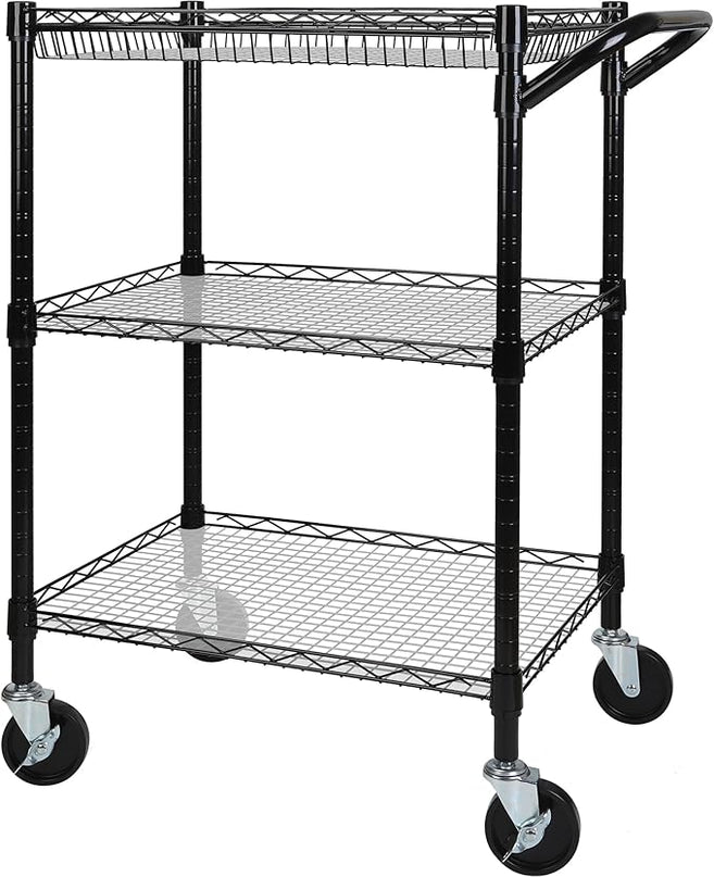 3 Tier Heavy Duty Rolling Utility Cart,18"D x 23.8"W x 36.6"H Rolling Carts with Wheels,Commercial Grade Metal Cart with Handle Bar & Shelf Liner,Trolley Serving Storage Cart for Kitchen Black - LeafyLoom