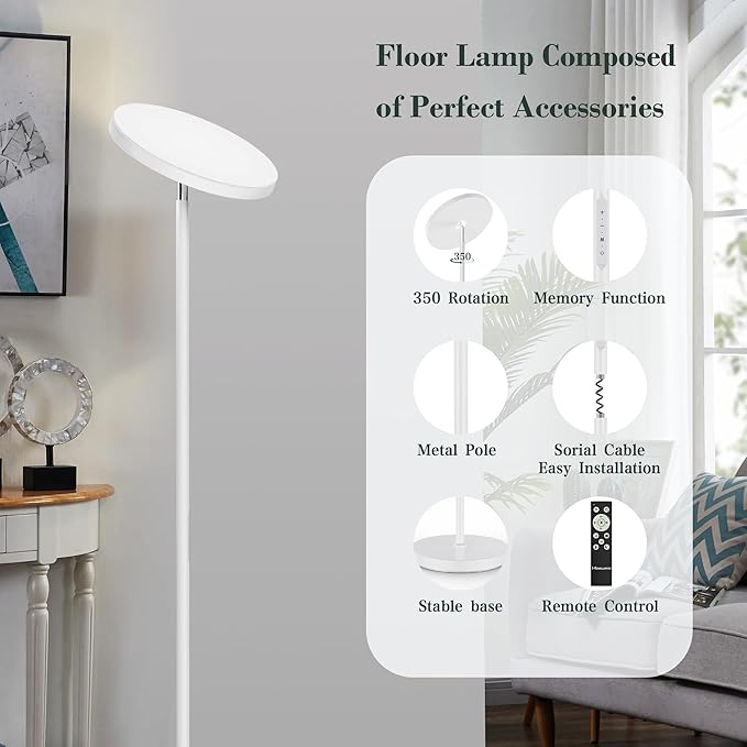 OHLUX Gray Floor Lamp, 35W/2500LM Super Bright Dimmable Sky LED Modern Torchiere Standing Lamp, LED Floor Reading Lamp with 4 Color Temperatures, Remote Touch Control, 1 Hour Timer for Living Room - LeafyLoom