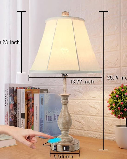 Farmhouse Table Lamp Touch Control 3-Way Dimmable Table Lamp, Modern Nightstand Lamp with 2 USB Port Bedside Desk Lamp with Fabric Shade for Living Room Bedroom Hotel (Pack-02) - LeafyLoom