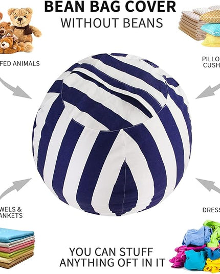 2 PCS Stuffed Animal Storage Bean Bag Chair Cover, Cotton Canvas Beanbag with Zipper for Organizing Kid's and Adults Room Vertical Stripe Blue 24" - LeafyLoom