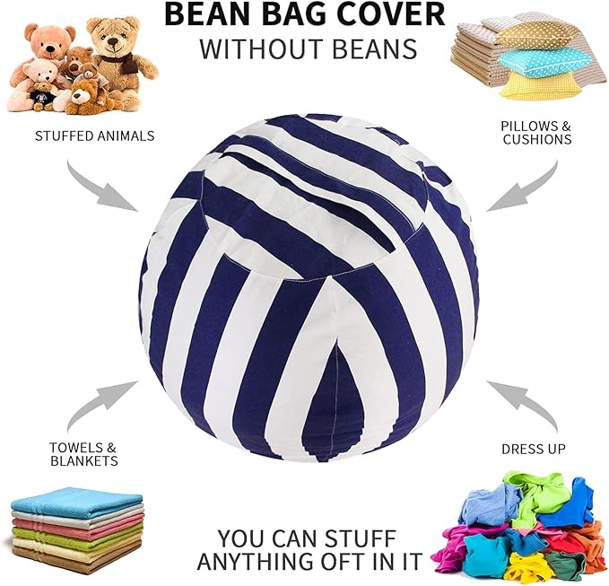 2 PCS Stuffed Animal Storage Bean Bag Chair Cover, Cotton Canvas Beanbag with Zipper for Organizing Kid's and Adults Room Vertical Stripe Blue 24" - LeafyLoom
