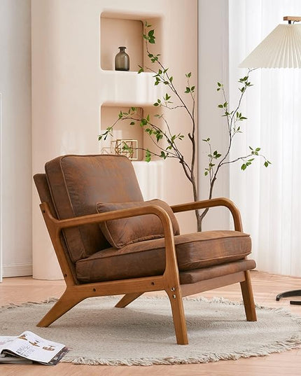 Bonnlo Microfiber Rustic Mid Century Modern Accent Chair, Soild Wood Padding Lounge Armchairs Side Sitting Chairs for Living Room, Bedroom, Guest Room - LeafyLoom