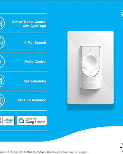 GE CYNC Smart Ceiling Fan Control, Neutral Wire Required, Bluetooth and 2.5 GHz Wi-Fi 4-Wire Smart Switch, Works with Amazon Alexa and Google Home, White CYNCSmartHome
