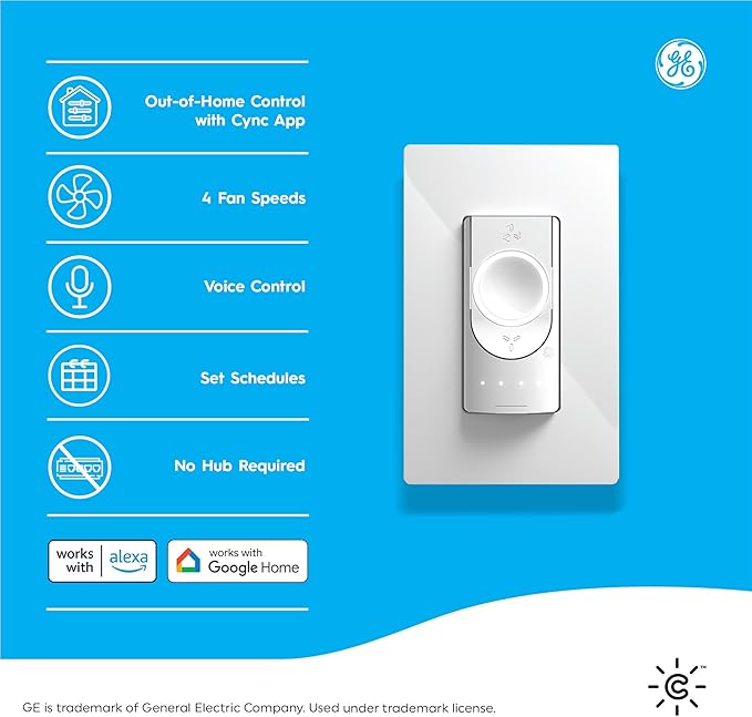 GE CYNC Smart Ceiling Fan Control, Neutral Wire Required, Bluetooth and 2.5 GHz Wi-Fi 4-Wire Smart Switch, Works with Amazon Alexa and Google Home, White CYNCSmartHome