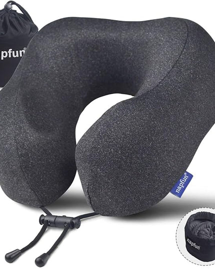 napfun Travel Pillow, Travel Accessories & Travel Essentials for Airplane Upgraded 100% Pure Memory Foam Travel Neck Pillow for Flight Headrest Sleep, Portable Plane Necessities, Full Black - LeafyLoom
