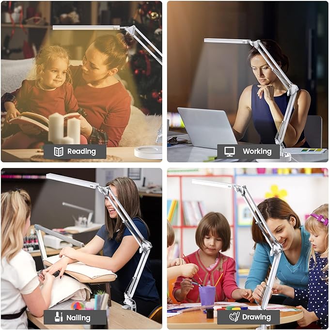 LED Desk Lamp with Clamp and Round Base,Eye Caring Table Lamp with Swing Arm,3 Color Modes 10 Brightness Levels,Memory Function,Desk Light for Home Office with USB Adapter White-14W - LeafyLoom