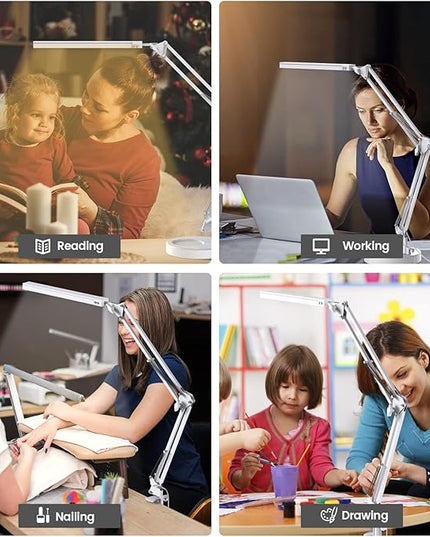 LED Desk Lamp, Swing Arm Desk Light with Clamp, 3 Lighting 10 Brightness Eye-caring Modes, reading desk lamps for home office 360°Spin with USB Adapter & Memory Function white-14W - LeafyLoom