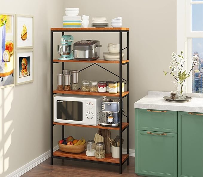 Himimi Industrial Bookshelf 5-Tier, Bookcase 58" H Ladder Shelf, Storage Shelves Rack Shelf Unit, Accent Furniture Metal Frame, Home Office Furniture for Bathroom, Living Room, Vintage Brown - LeafyLoom
