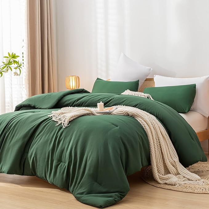 Emerald Full Size Comforter 3PCS Microfiber Full Size Comforters Set for All Season Boho Dark Green Comforter for Women and Men Soft Lightweight Bed Comforter Set - LeafyLoom