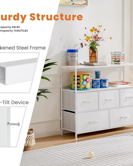 Sweetcrispy 5 Fabric Drawer Dresser TV Stand for Bedroom, Entertainment Center for 45 Inch TV with Storage Drawer Unit, Open Shelf, Adjustable Feet, Living Room, White - LeafyLoom