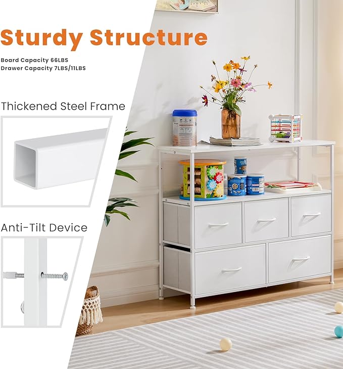 Sweetcrispy 5 Fabric Drawer Dresser TV Stand for Bedroom, Entertainment Center for 45 Inch TV with Storage Drawer Unit, Open Shelf, Adjustable Feet, Living Room, White - LeafyLoom