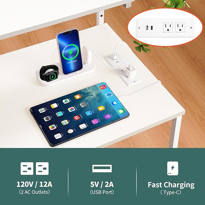 Yoobure Computer Desk with Power Outlets Fast Charging Type-C, Gaming Desk with LED Lights, 47" Office Desk with Adjustable Monitor Stand, Small Desk Home Office Desks with Storage Bag & Hook - LeafyLoom