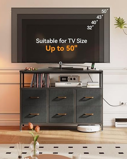 AODK TV Stand with Power Outlet, 40" Long TV Stand with 6 Large Fabric Drawers, Entertainment Center with Open Shelves for 55 Inch TV, Living Room, Black and Dark Grey - LeafyLoom
