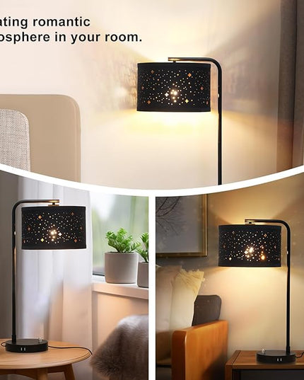 Bedside Table Lamp, Fully Dimmable Table Lamp with 2 USB Ports, Modern Nightstand Lamps with Stars Shade, USB Side Table Lamp, Tall Desk Reading Lamps for Living Room Bedroom 3000k LED Bulb Included - LeafyLoom