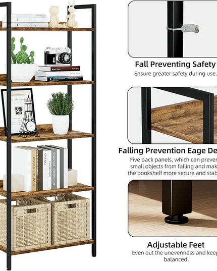 NUMENN Bookshelf, 5 Tier Bookshelves, Home Office Bookcase Shelf Storage Organizer, Free Standing Storage Shelving Unit for Bedroom, Living Room and Home Office, Vintage - LeafyLoom