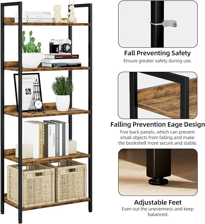 NUMENN Bookshelf, 5 Tier Bookshelves, Home Office Bookcase Shelf Storage Organizer, Free Standing Storage Shelving Unit for Bedroom, Living Room and Home Office, Vintage - LeafyLoom